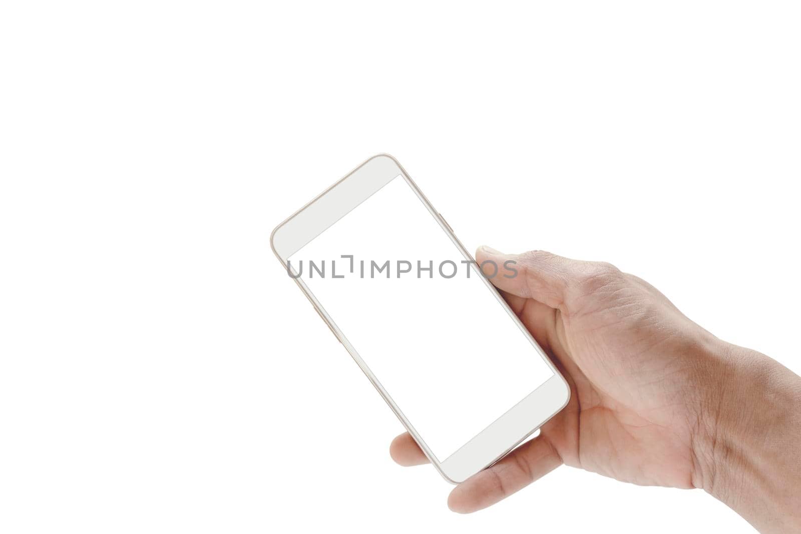  Mobile phone mockup, white screen with man hand holding smartphone and using touching screen isolated on white background, copy space with clipping path.         by yodsawai
