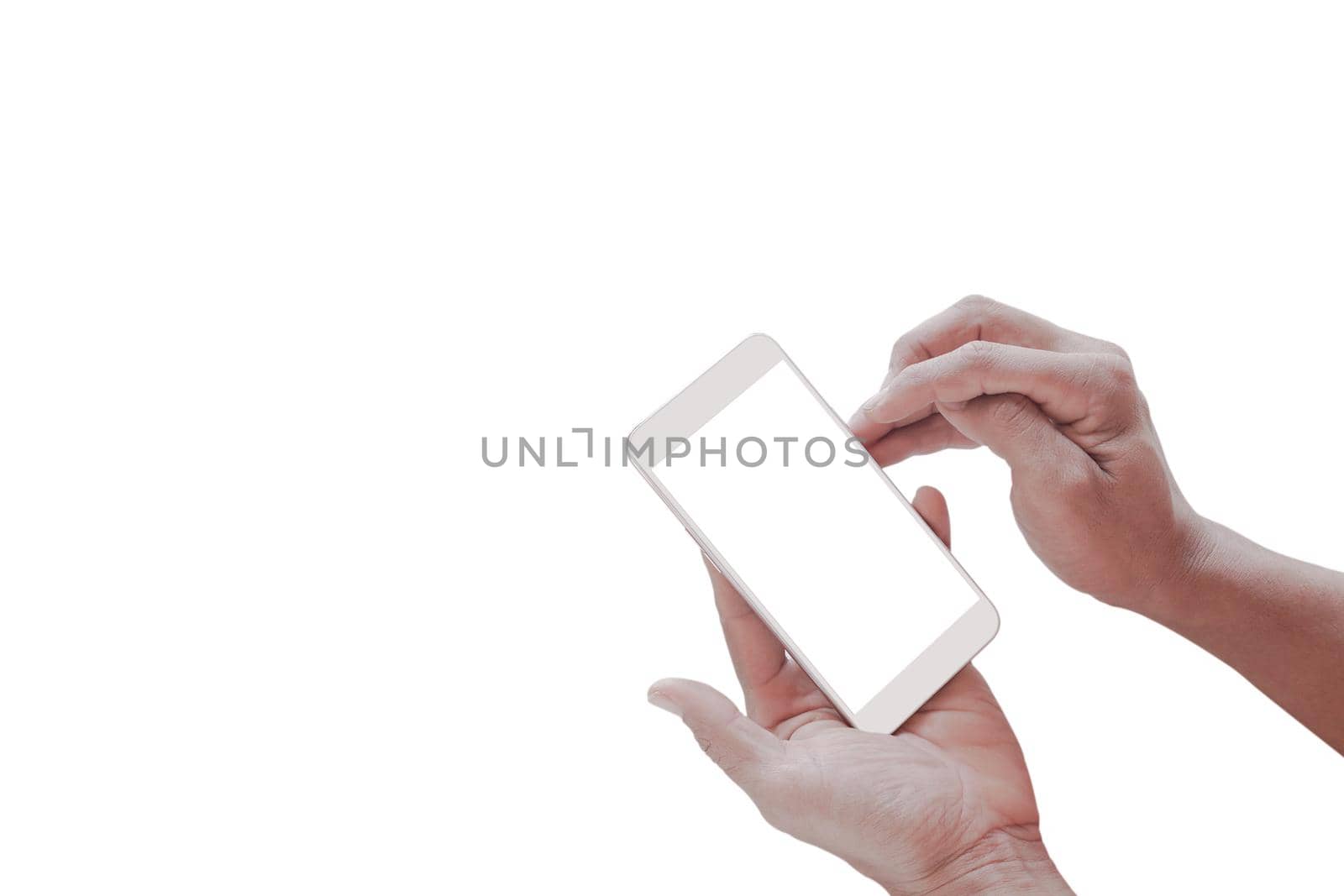 Mockup of a blank white screen cell phone. Man hand holds smartphone using mobile for message chat. White background empty space for advertising business 
                      