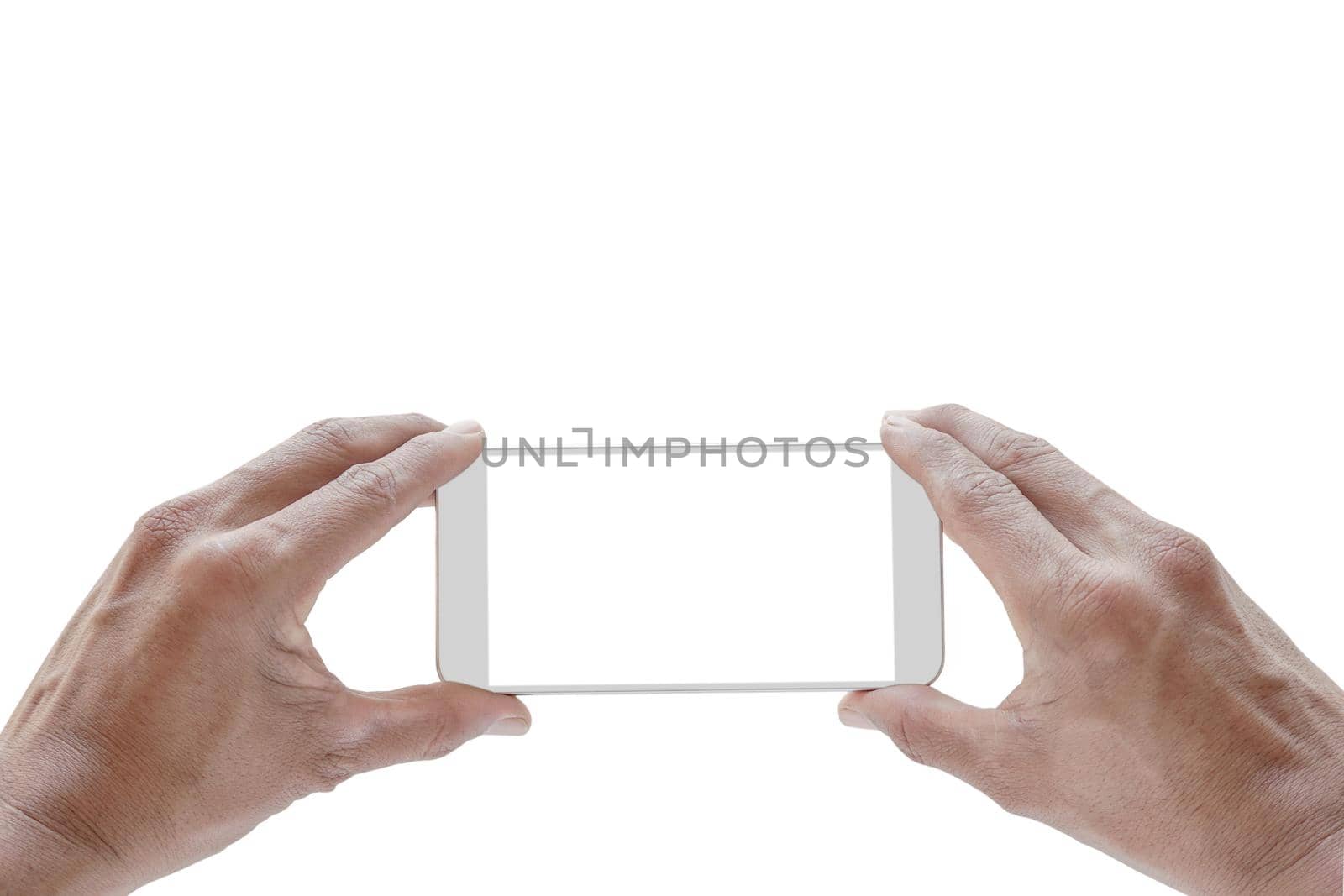 Mobile phone mockup, white screen with man hand holding smartphone and using touching screen take a photo isolated on white background, copy space with clipping path.        