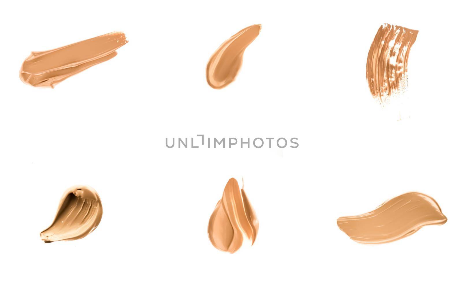 Liquid foundation smudges, smears and strokes as makeup textures isolated on white background, beauty and cosmetics set