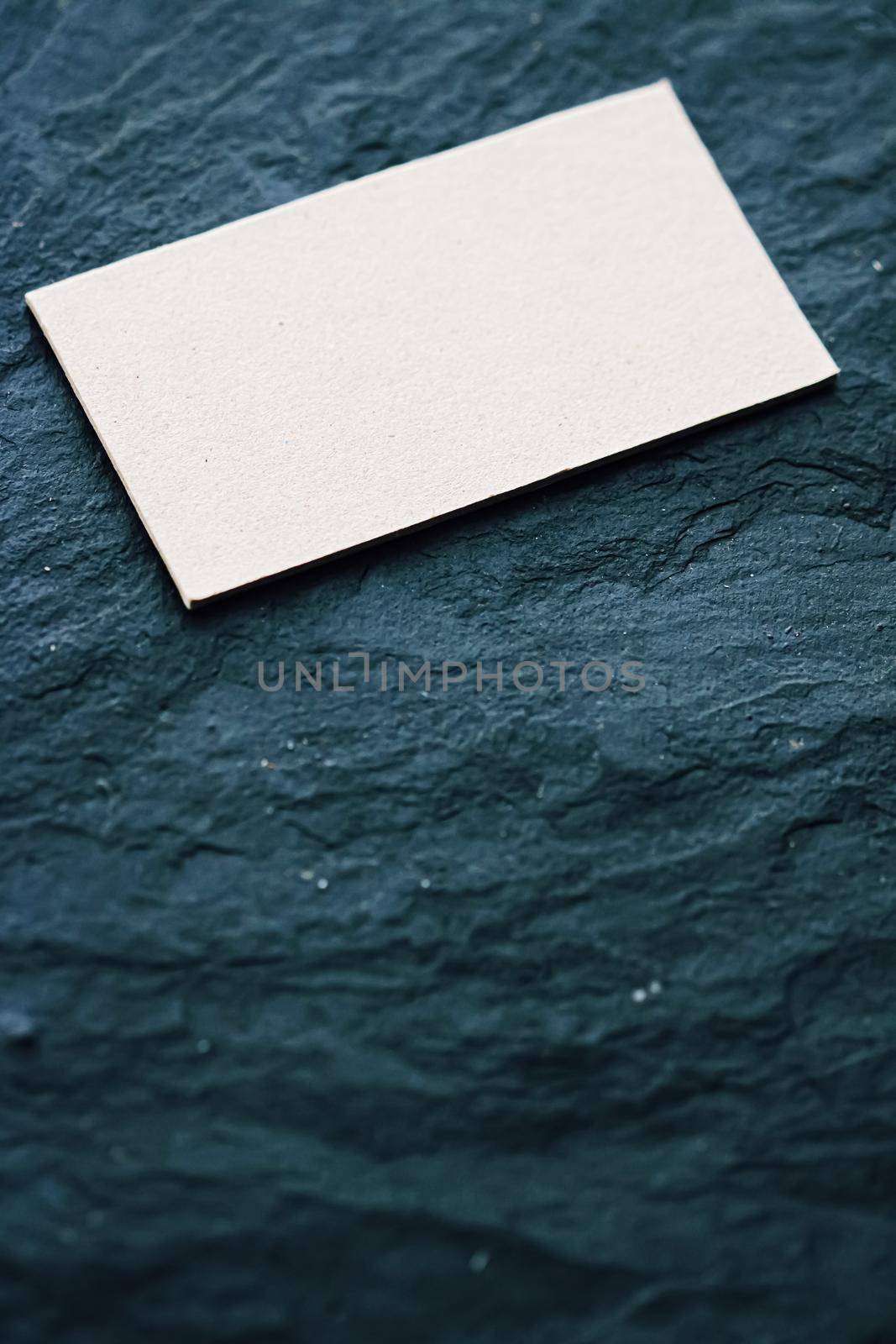 White business card flatlay on dark stone background, luxury branding flat lay and brand identity design for mockups