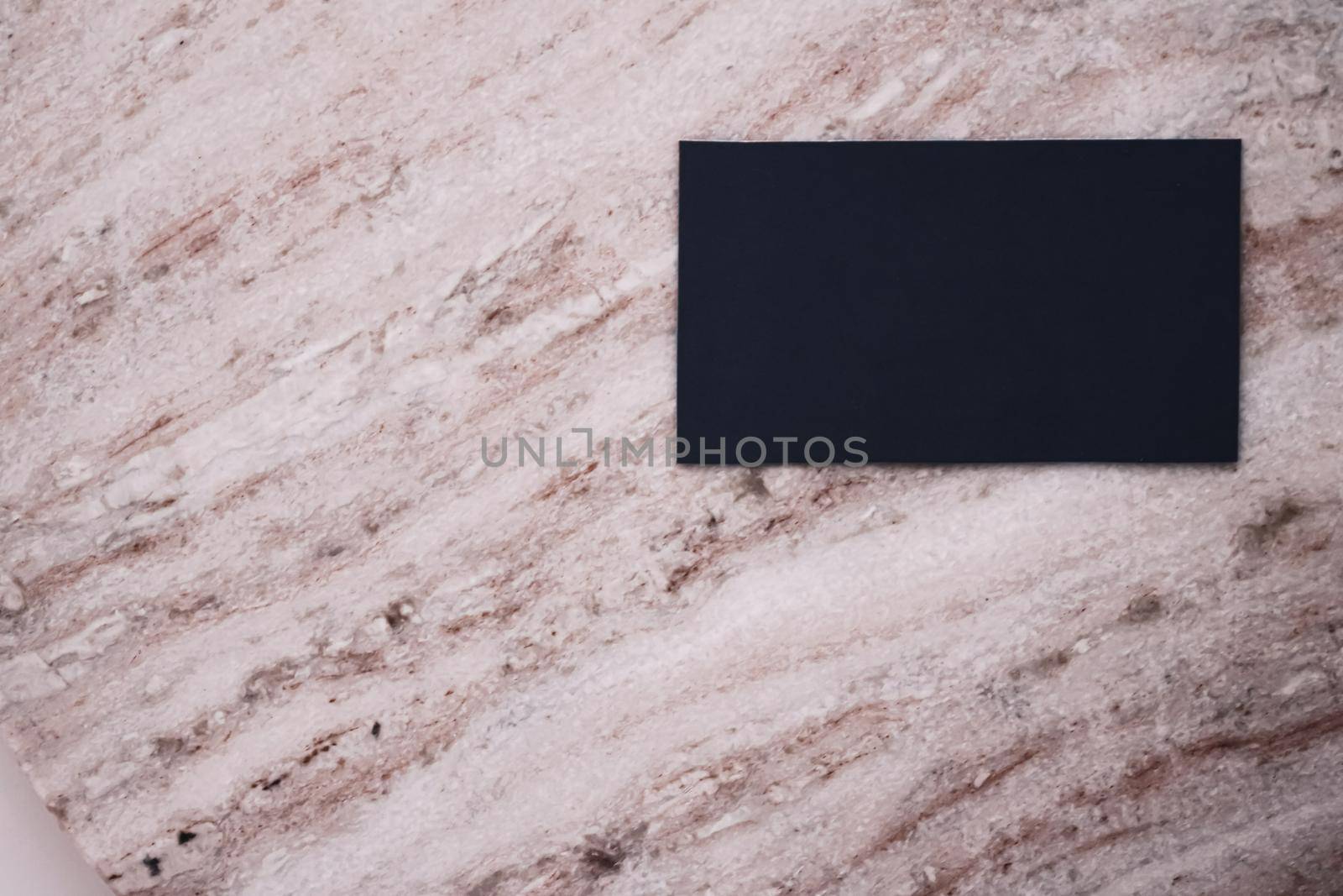 Black business card flatlay on stone background, luxury branding flat lay and brand identity design for mockups