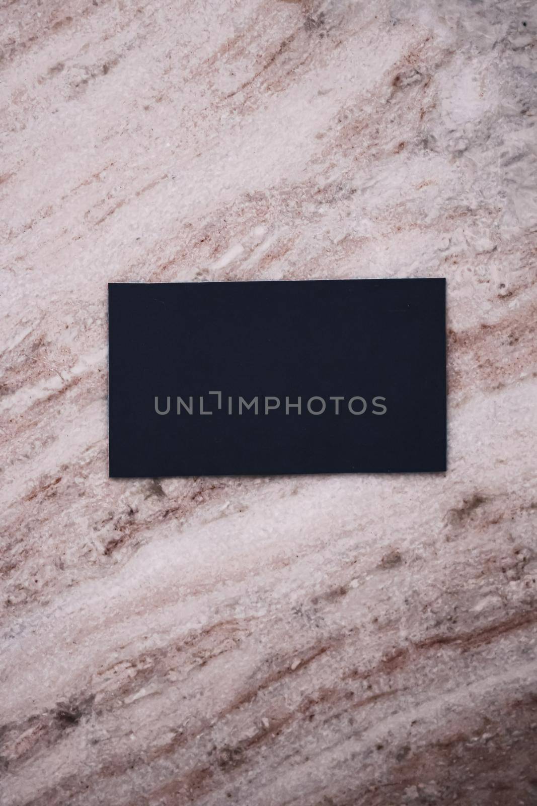 Black business card flatlay on stone background, luxury branding flat lay and brand identity design for mockups