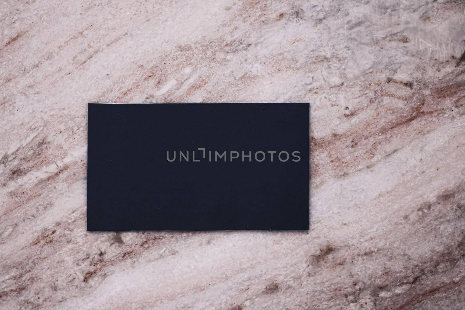 Black business card flatlay on stone background, luxury branding flat lay and brand identity design for mockup by Anneleven