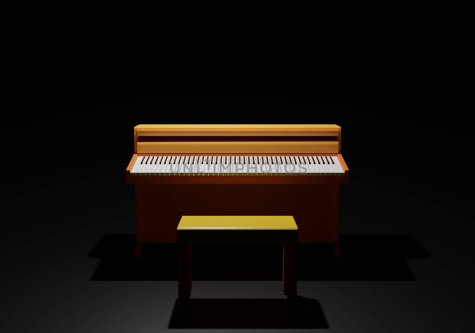 The 3D rendering piano home entertainment with a yellow chair on the dark night background, Live music play concert concept