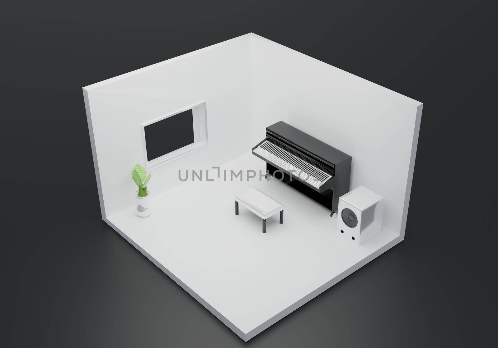 Isometric room 3d interior house living cutaway, home entertainment 3d rendering piano with audio speaker and chair by yodsawai