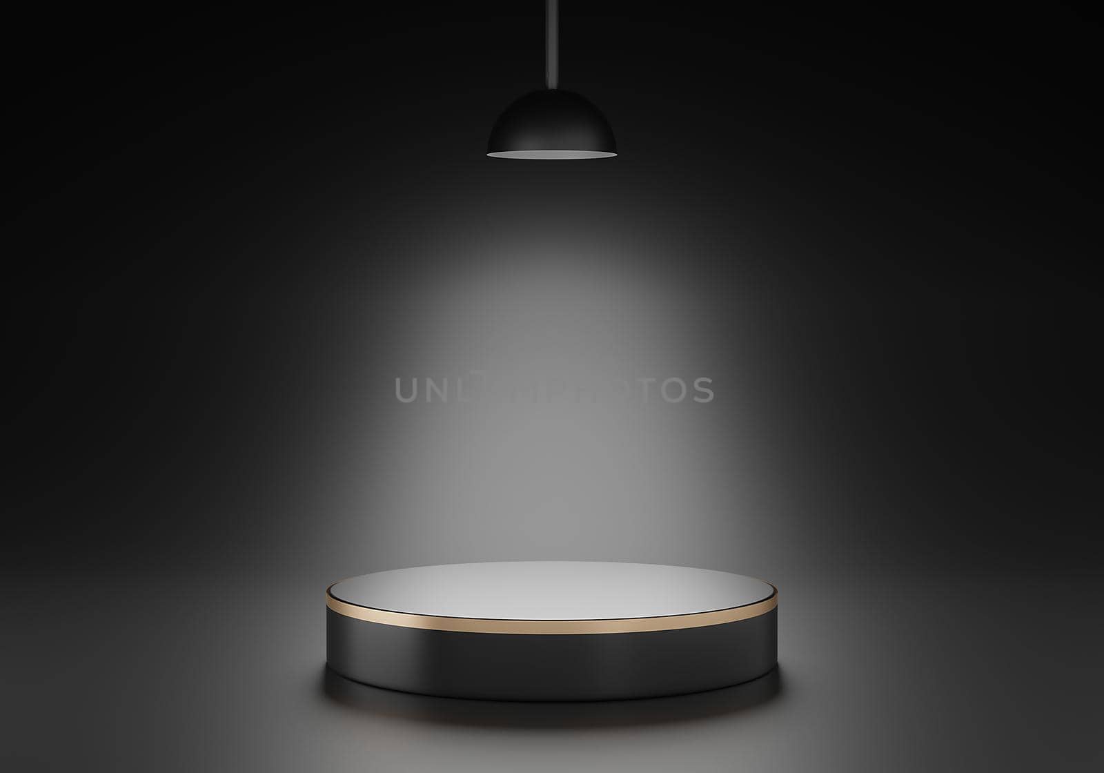3d rendering of black premium, pedestal podium with a gold ring on black background, round gold shape, cylinder stand with product show or copy space by yodsawai