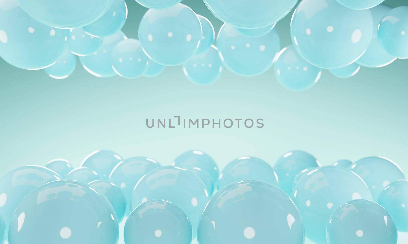 Abstract background with 3d balls spheres. Blue geometric 3d rendering illustration with copy space and selective focus blurred background