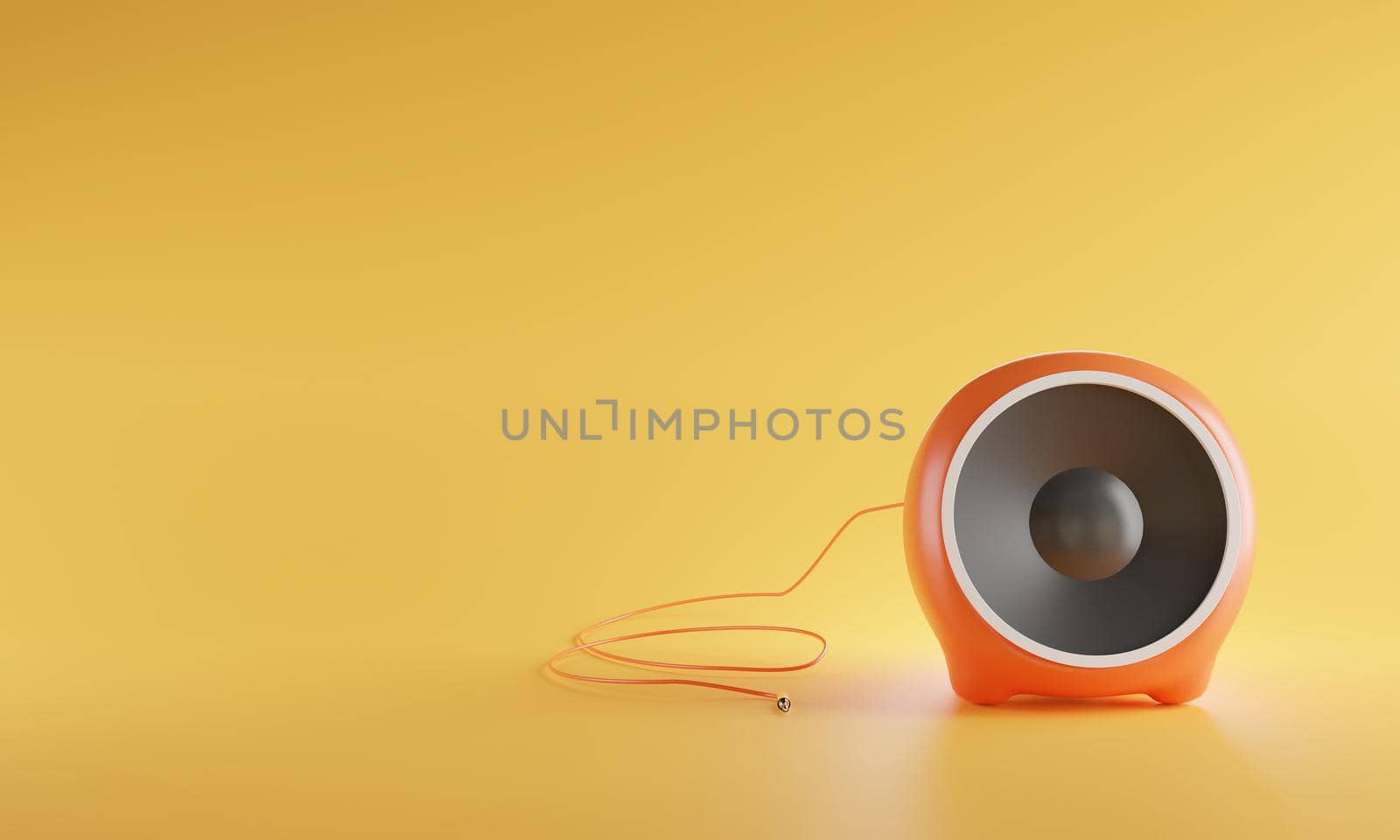 3D portable orange color sphere audio speaker isolated on yellow background with clipping path. Minimalism concept. 3d rendering
