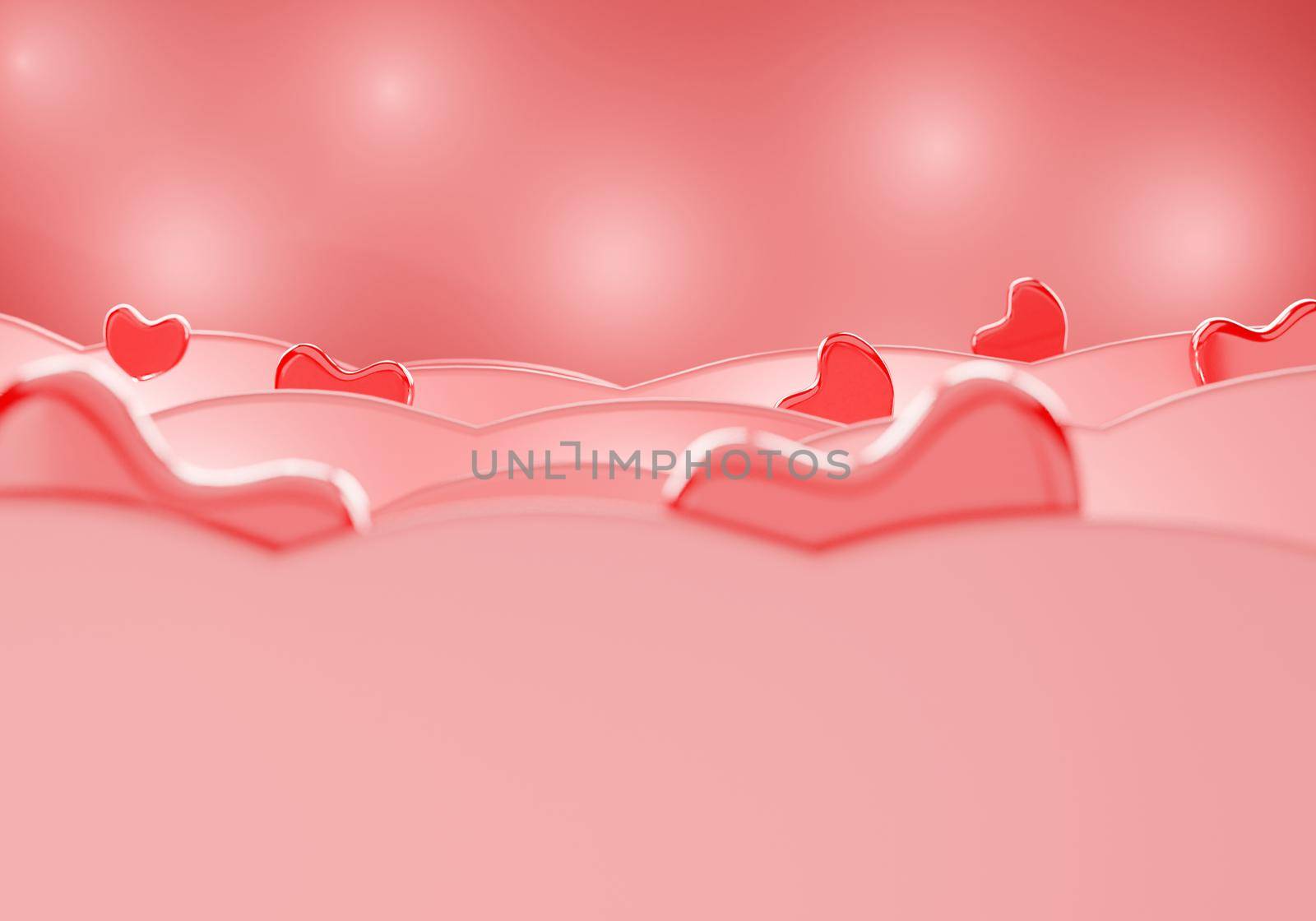 Abstract love background with pink heart shaped and wave shape blurred Valentines day greeting card. 3D rendering illustration.