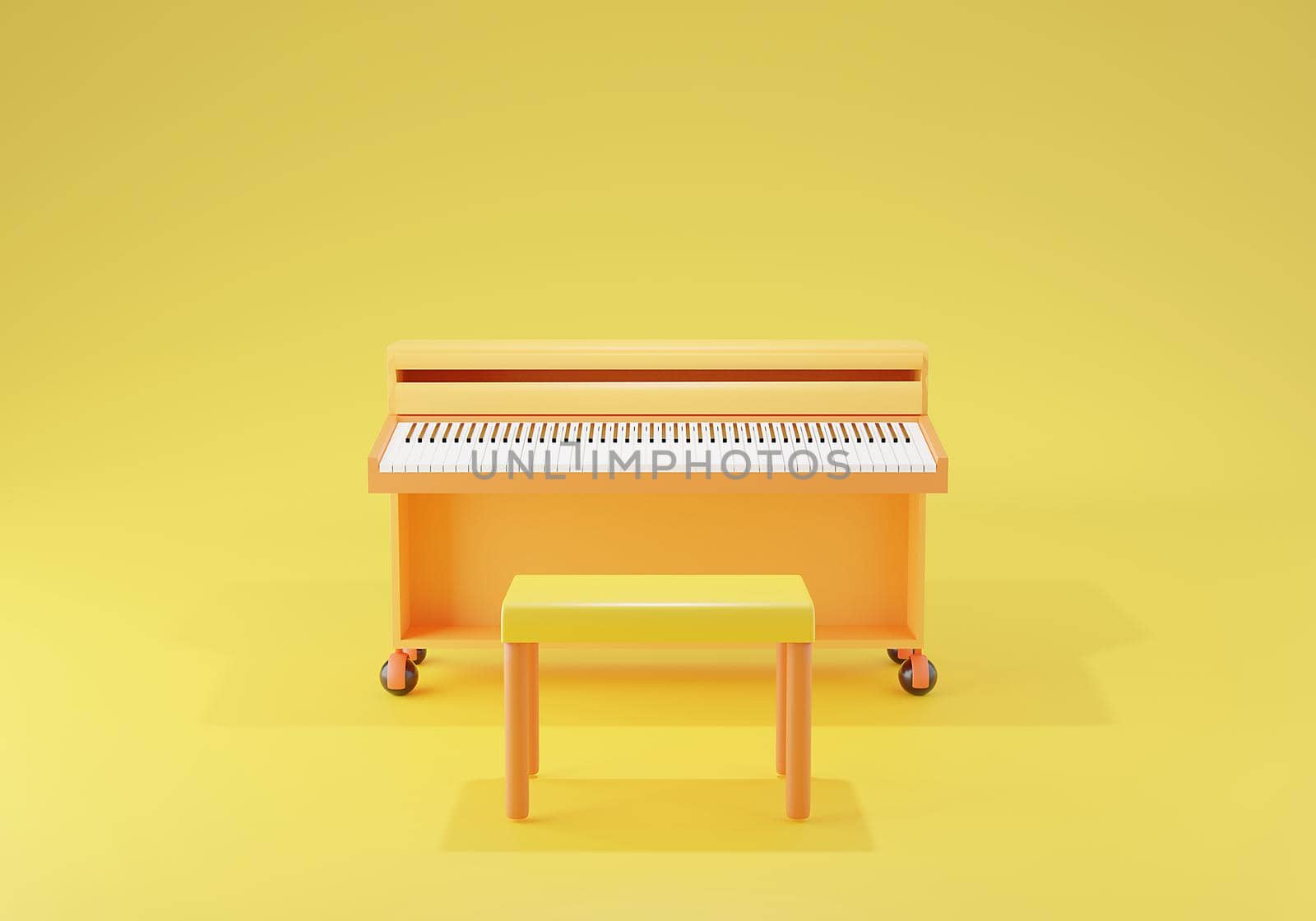 The 3D rendering piano colorful with a yellow chair on the yellow background, Live music play concert concept