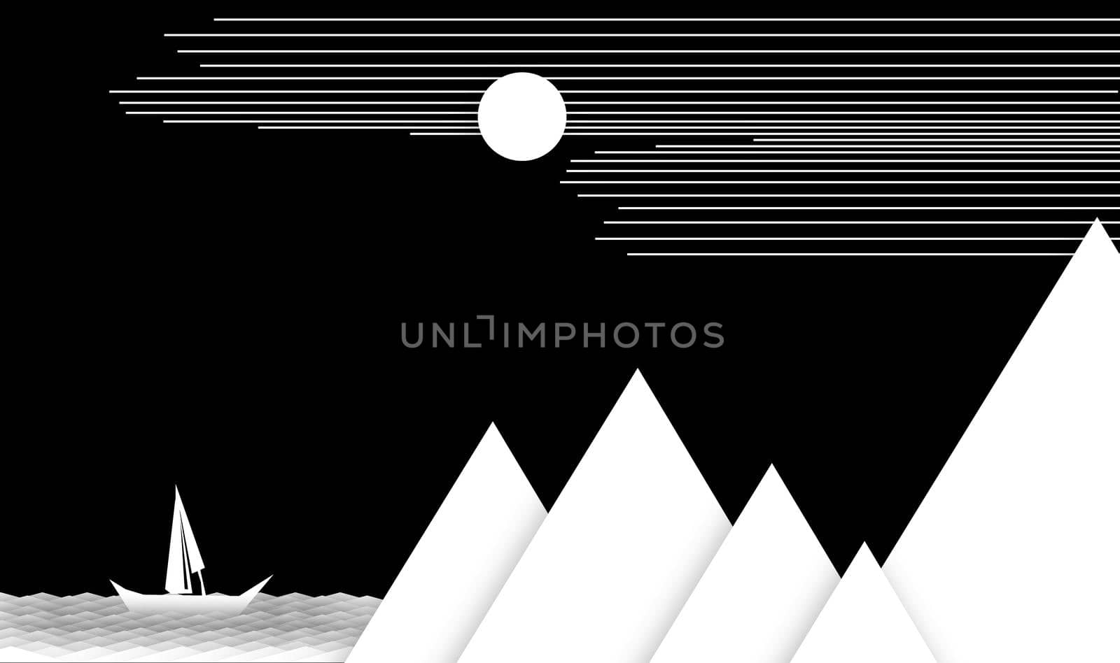 Tranquil nature scene with mountain, ocean and sailing boat stock photo Abstract, Black And White, Sailboat, At The Edge Of, Backgrounds by tabishere