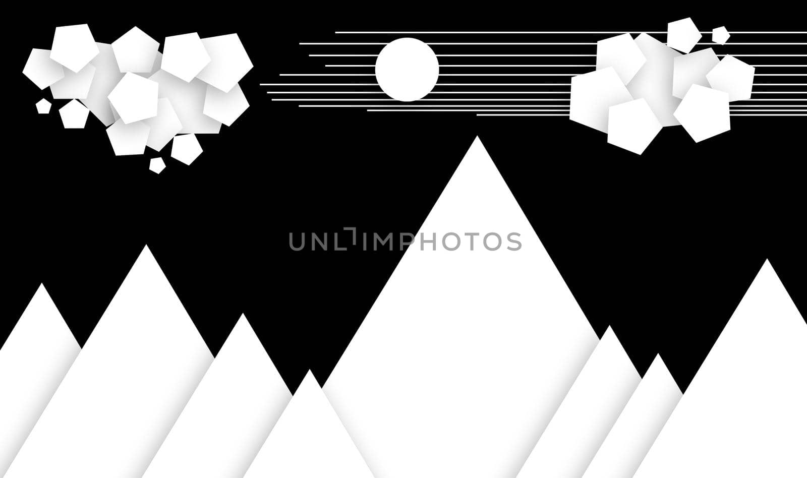illustration of nature scene made of geometrical shapes with mountain, cloud, sun, the sky in the black isolated background with soft shadow, layered image ready to print for cards, invitation, design print