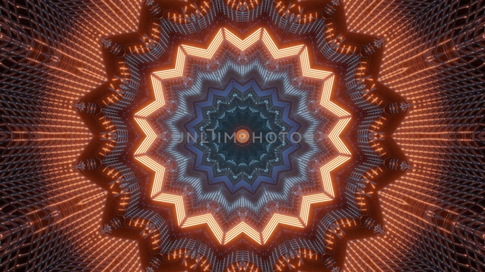 Kaleidoscopic 3D illustration of creative star shaped tunnel glowing with bright orange lights