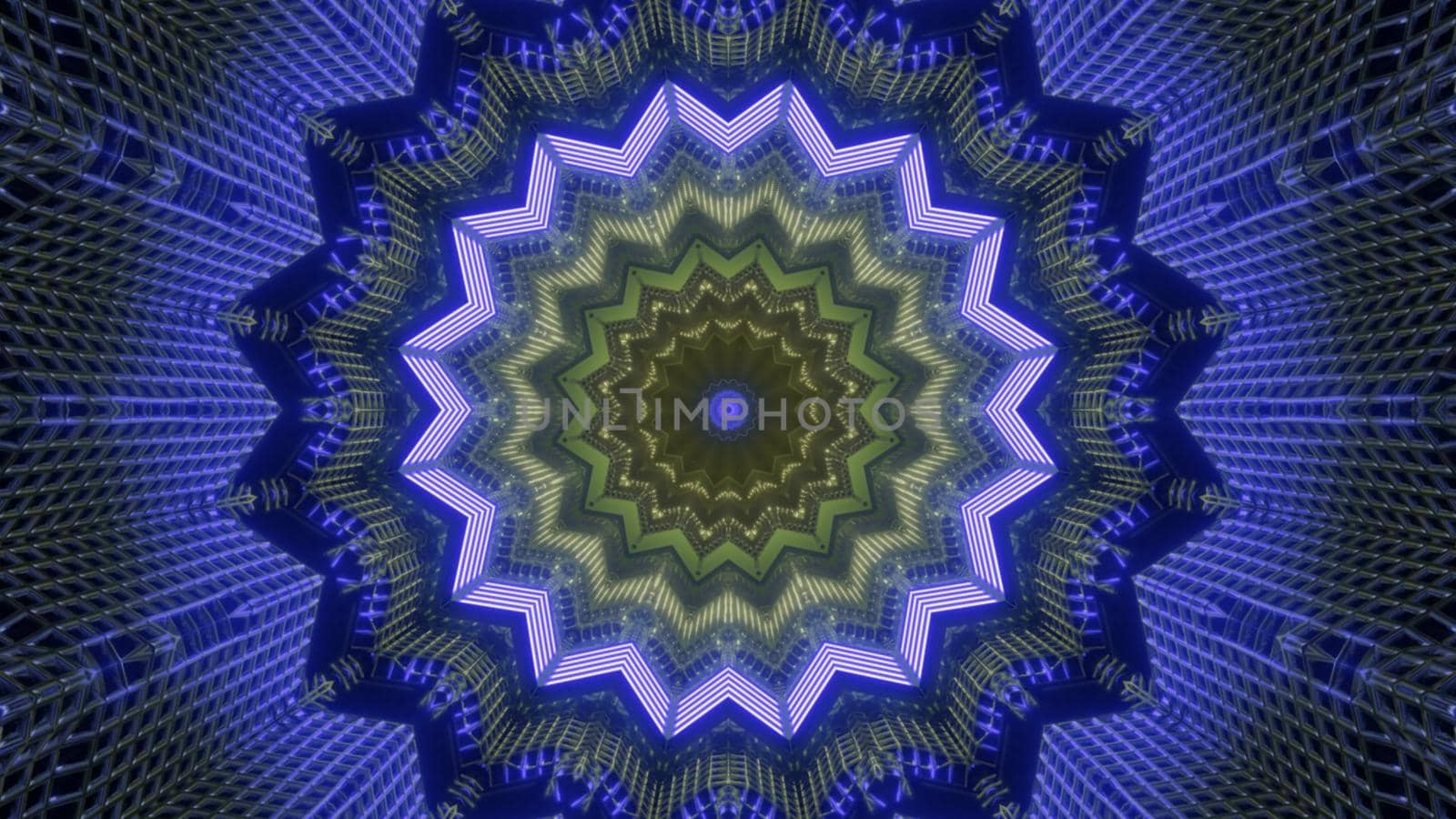 Abstract 3D illustration of symmetric creative tunnel shining with blue and yellow lights