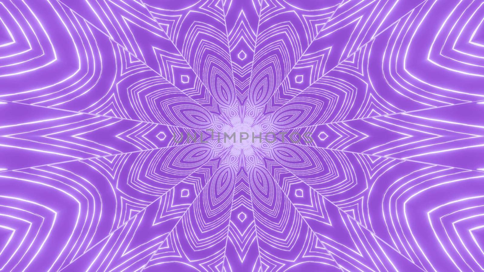 Visual 3d illustration symmetrical abstract background with glowing white flower shaped ornament on bright purple backdrop creating perspective kaleidoscopic pattern