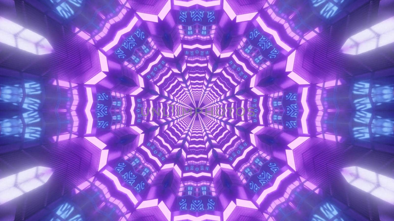 Kaleidoscopic 3D illustration of bright purple crystals gleaming and forming abstract fractal ornament
