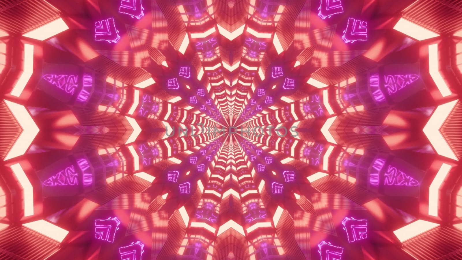 Kaleidoscopic 3D illustration of abstract fractal background with symmetric crystal tunnel of red color