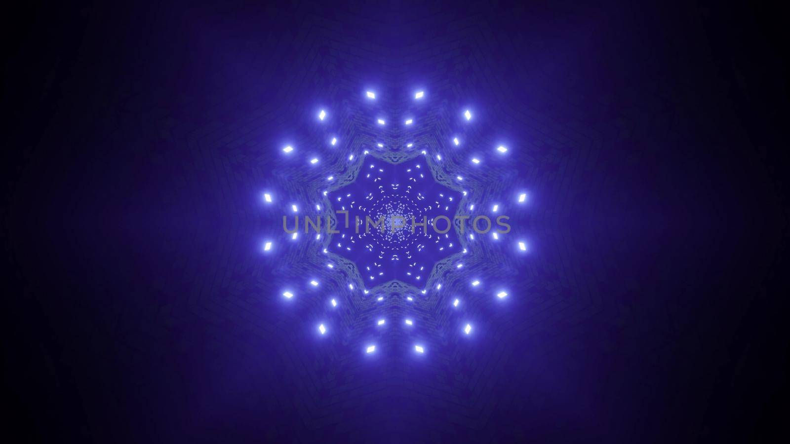 Minimalistic abstract 3d illustration visual background of fantastic tunnel with glowing blue neon lights creating circular frame and star shaped hole in center in dark space