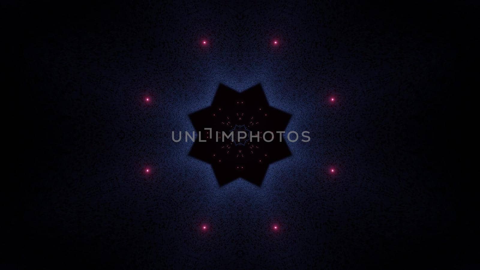 Abstract 3D illustration of symmetric star shaped ornament with pink dots gleaming on black background