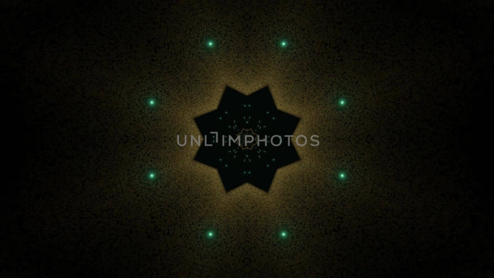 Symmetric 3D illustration of abstract black background of star shaped ornament with green dots