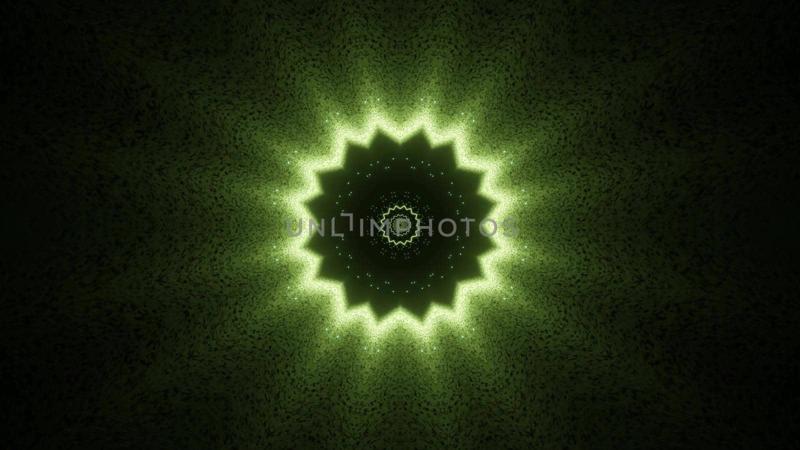 Bright 3D illustration of abstract background of star shaped tunnel shining with green light in darkness