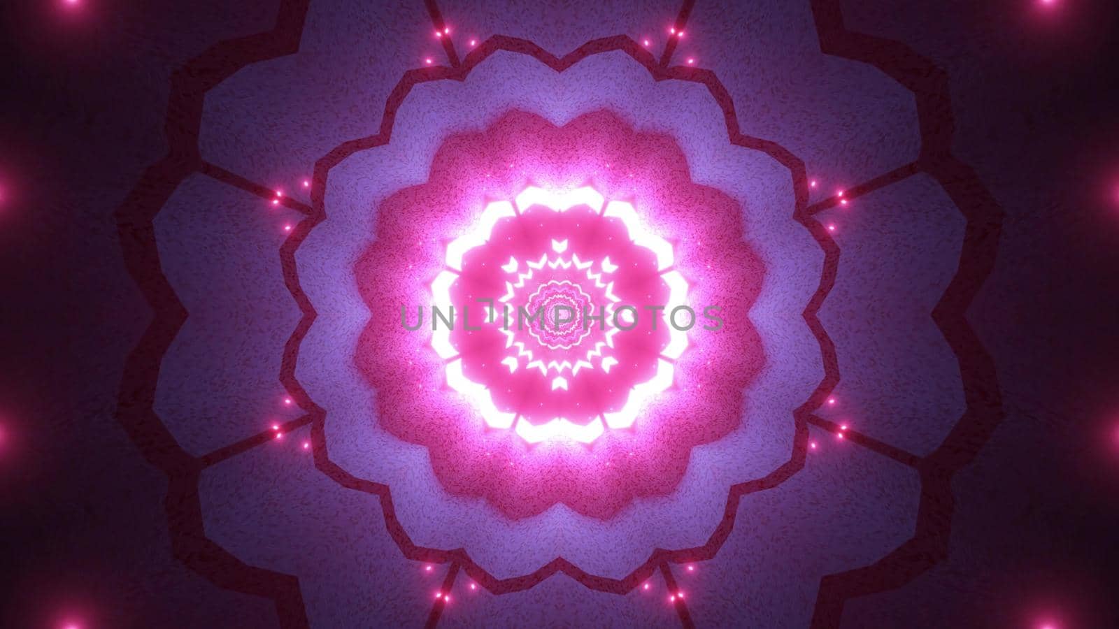 Kaleidoscopic 3D illustration of abstract background with symmetric flower shaped ornament of pink color