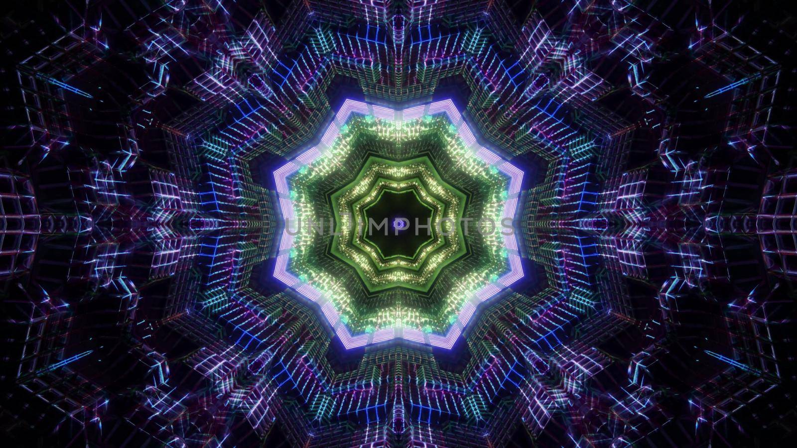 3d illustration optical illusion visual background of abstract magic colorful octagonal tunnel with shiny rays in darkness