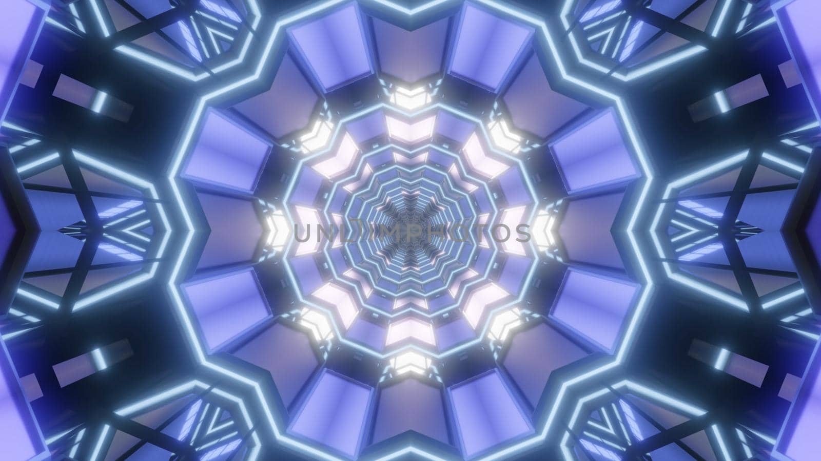 Kaleidoscopic 3D illustration of round geometric tunnel with panels shining with blue color