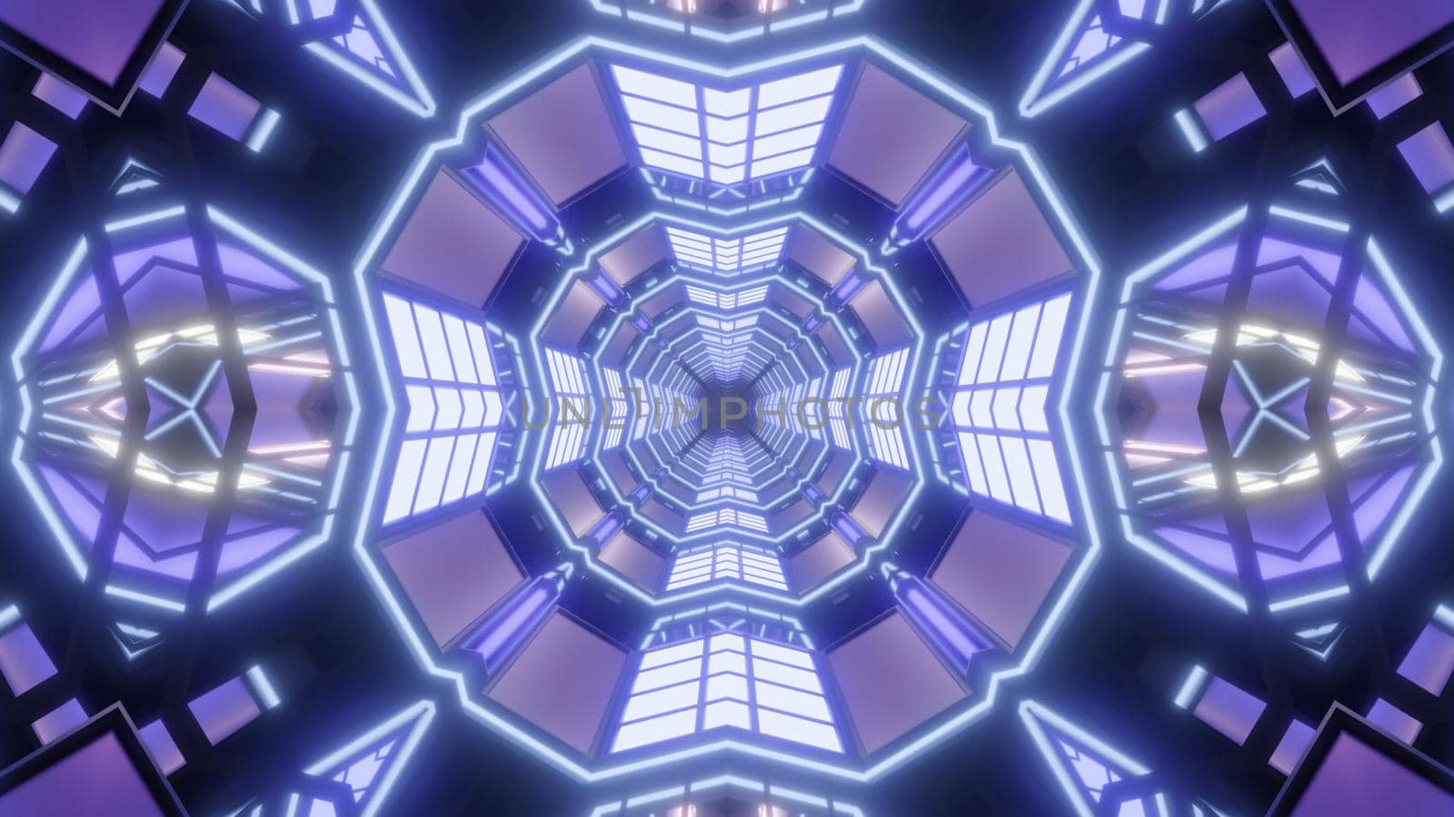 Kaleidoscopic 3D illustration of symmetric geometric tunnel illuminated with panels of bright violet lights