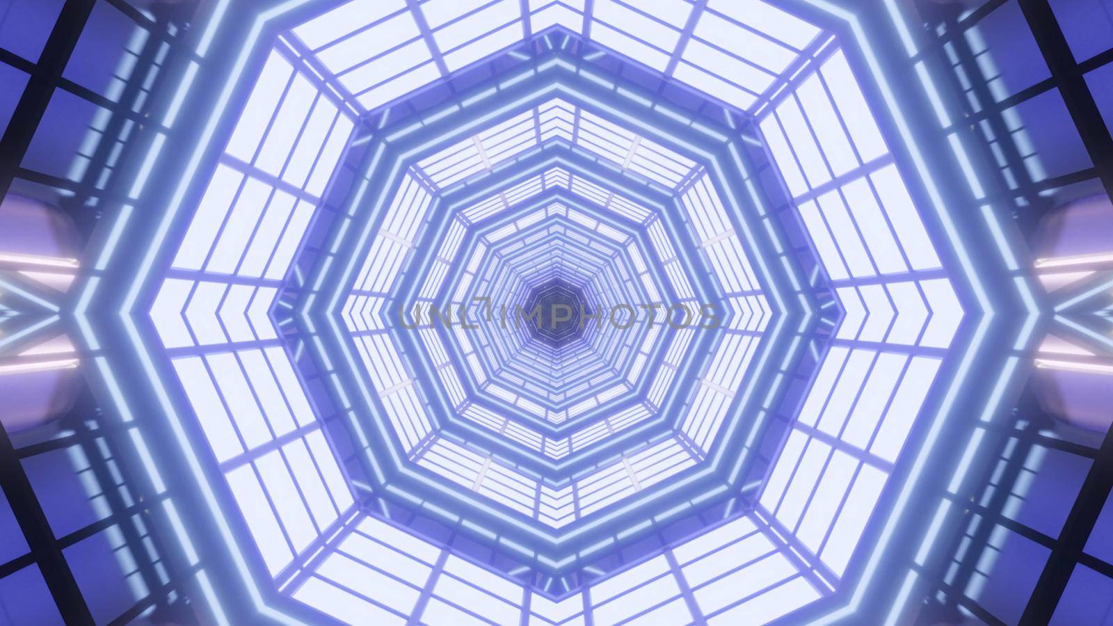 Symmetric 3D illustration of abstract background with kaleidoscopic geometric tunnel shining with violet lights