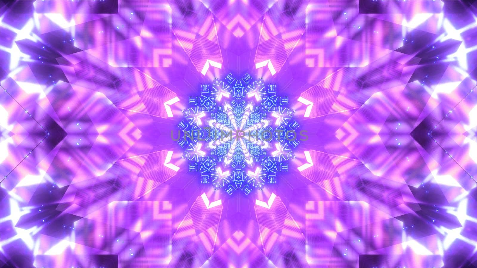 Creative 3D illustration of bright purple gems shining and forming abstract kaleidoscopic ornament