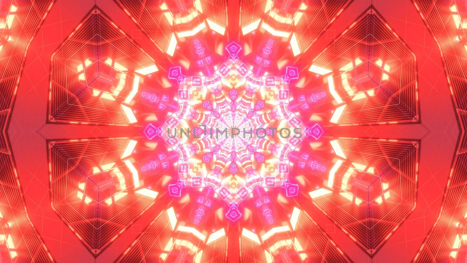 Abstract 3D illustration of kaleidoscopic background with shiny ornament of vivid red gem