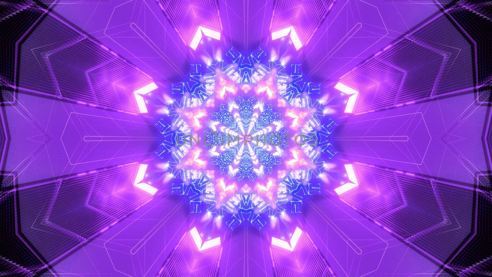 Symmetric 3D illustration of abstract background with bright purple crystals forming shiny tunnel