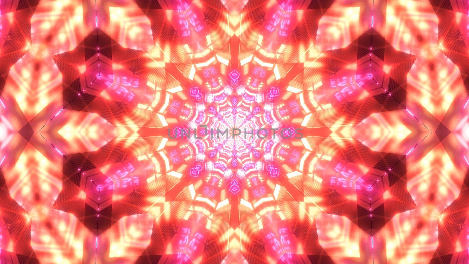 Creative 3D illustration of abstract background of symmetric crystal ornament gleaming with red color