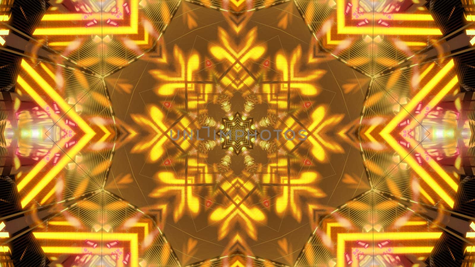 Symmetric 3d illustration of kaleidoscopic yellow crystal with abstract ornament formed with bright light