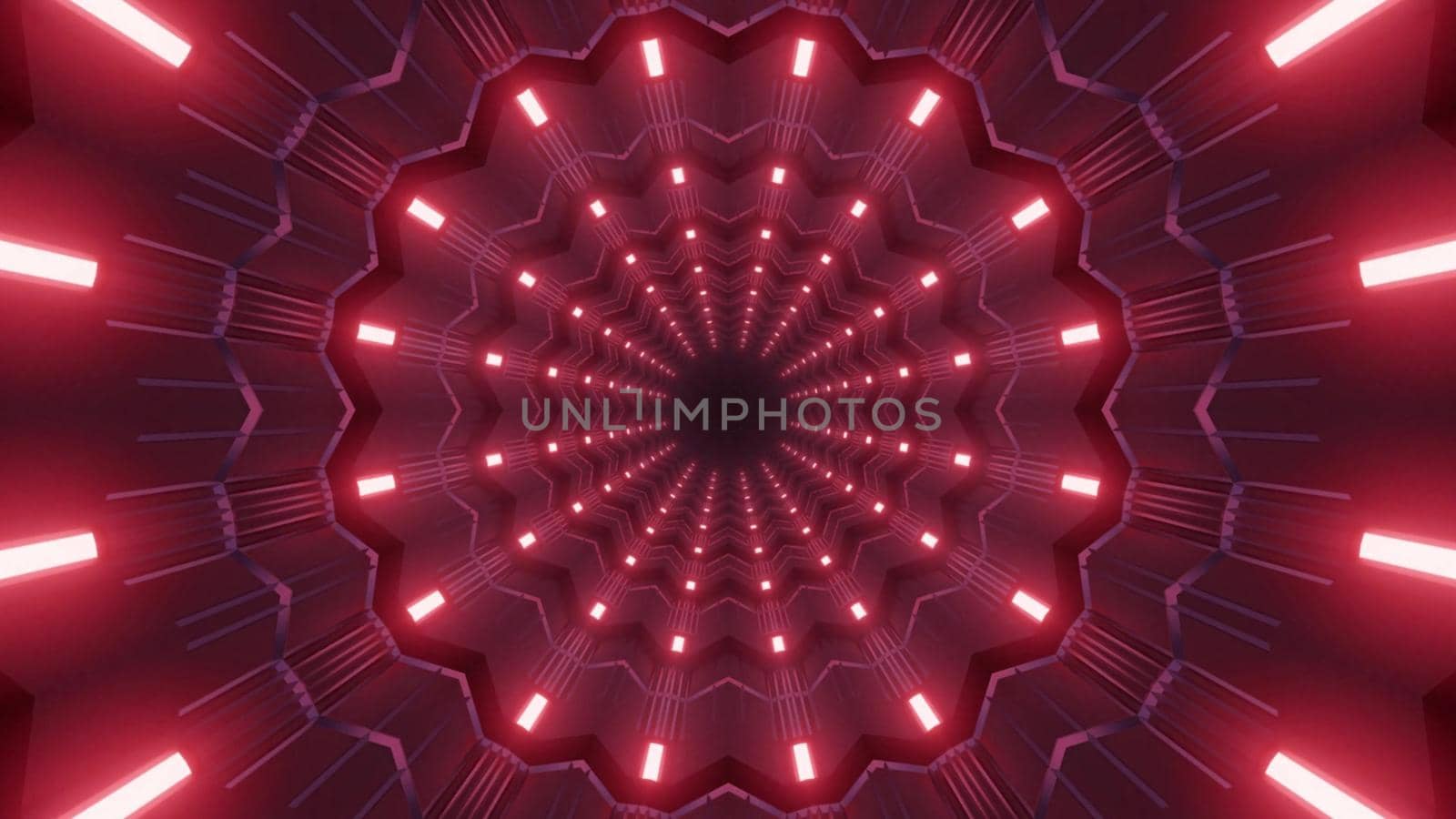 Abstract 3D illustration of round symmetric tunnel illuminated with many small red lamps