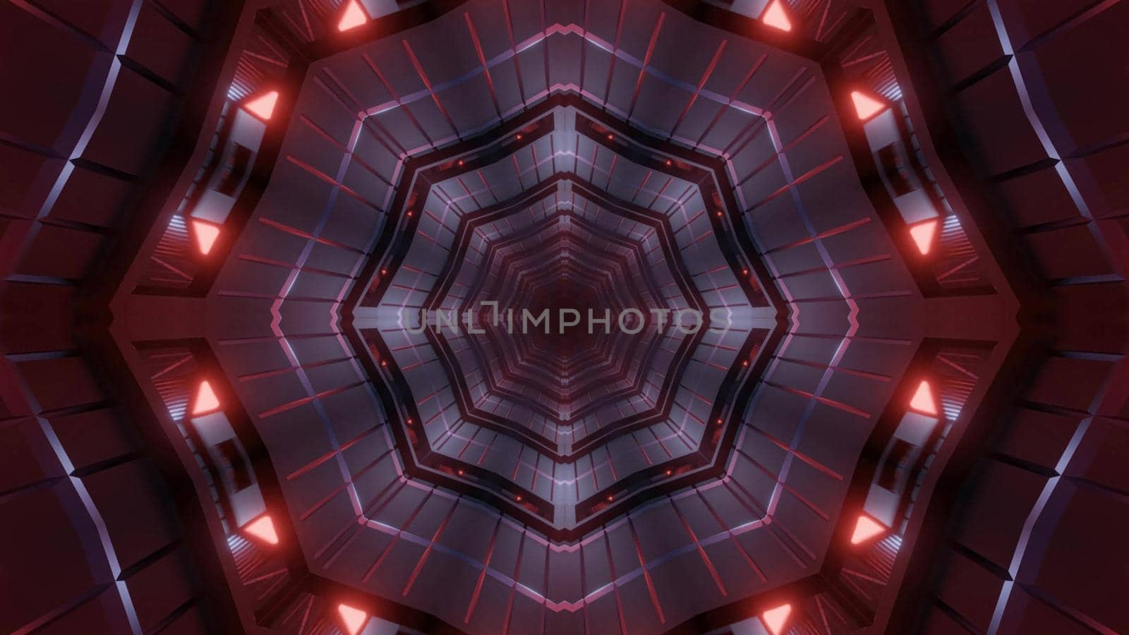 Kaleidoscopic 3D illustration of abstract dark tunnel with bright red lamps and geometric ornament