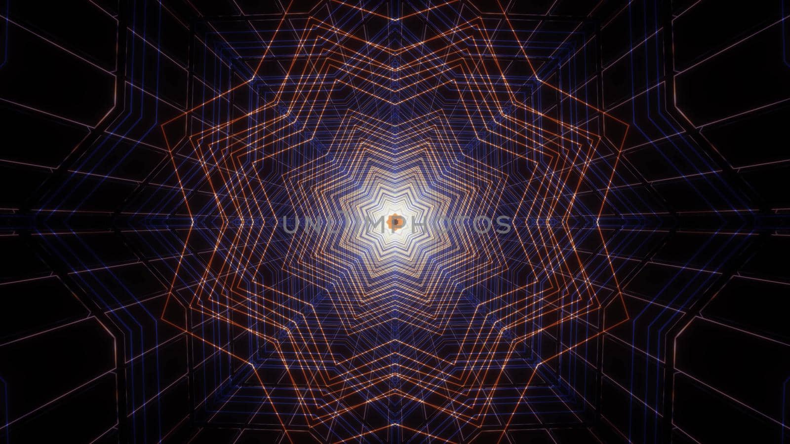 Symmetric 3D illustration of bright star shaped lines forming glowing tunnel in darkness