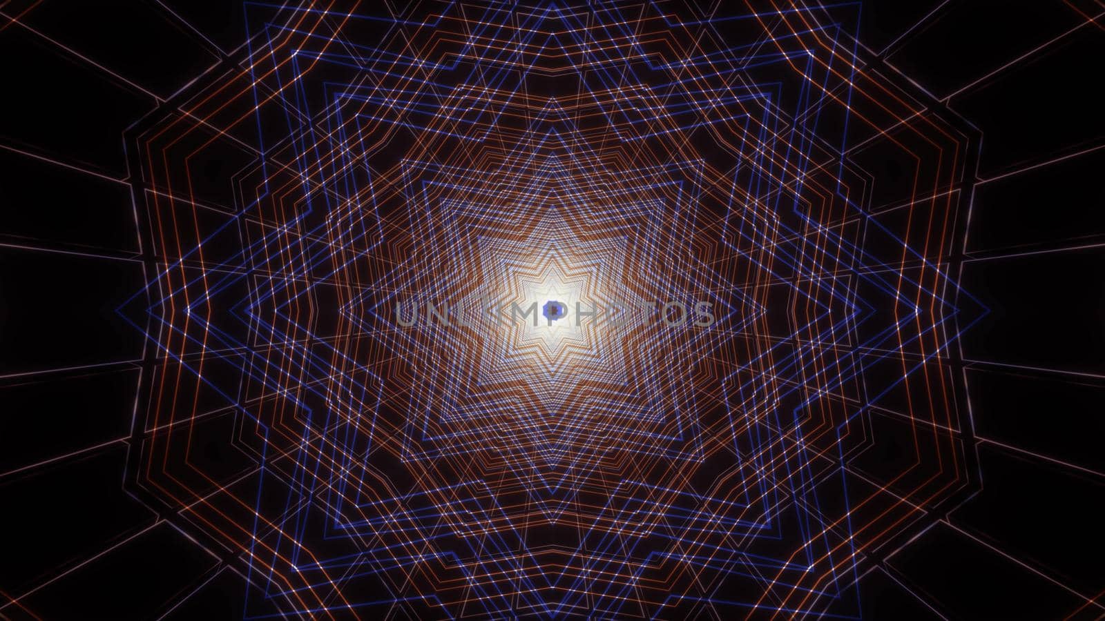 Abstract 3D illustration of bright thin lines forming star shaped ornament on black background