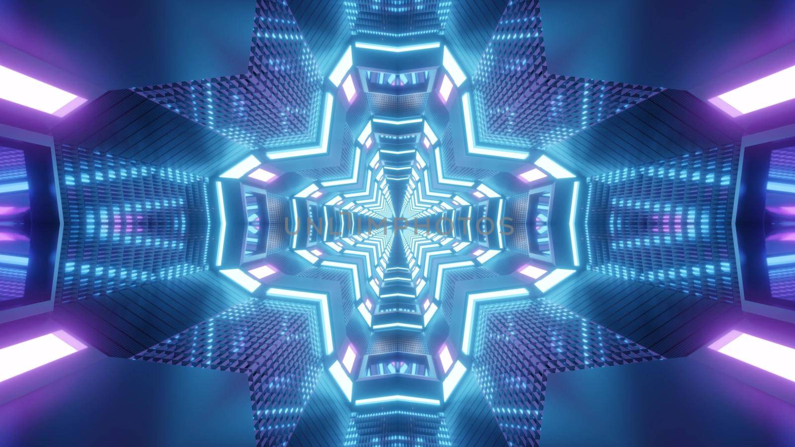 Abstract 3D illustration of symmetric cross shaped tunnel illuminated with blue and violet neon lamps