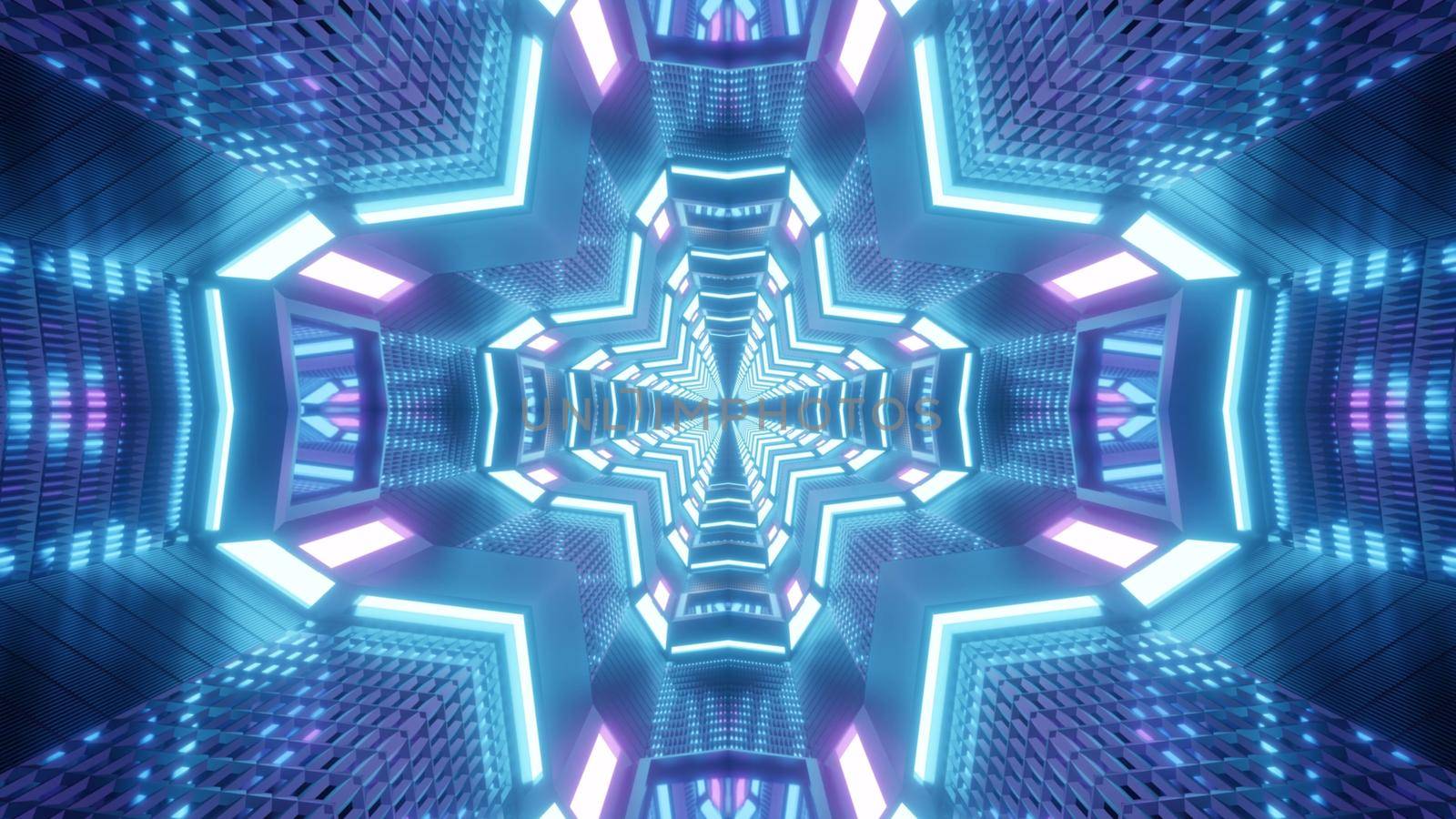 Symmetric 3D illustration of bright cross shaped tunnel glowing with blue and violet lights