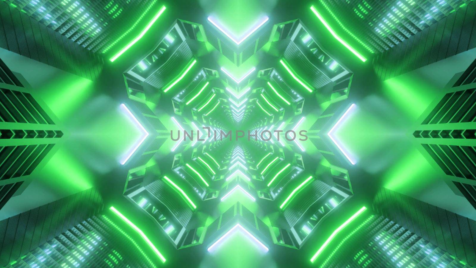 Symmetric 3D illustration of bright green neon lamps glowing in gross shaped tunnel