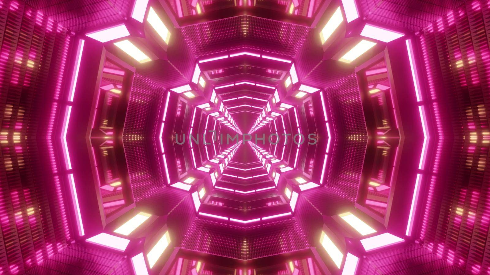 Kaleidoscopic 3D illustration of abstract cross shaped tunnel illuminated with bright neon lamps of pink color