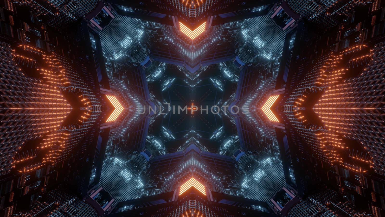 3d illustration abstract background design of virtual space tunnel with geometric pattern and glowing red neon arrows showing direction to dark hole
