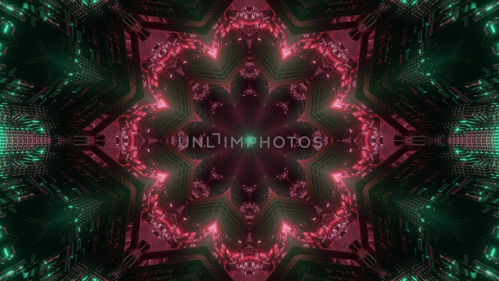 3d illustration abstract background design of virtual endless space tunnel with glowing red floral ornament in darkness with green sparkles