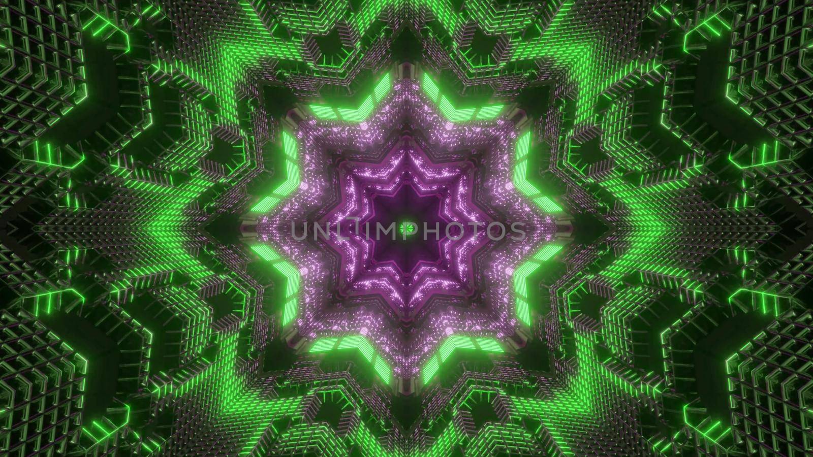 Shiny 3d illustration abstract background with symmetrical kaleidoscopic green and purple neon flower shaped ornament with optical illusion visual effect of endless tunnel