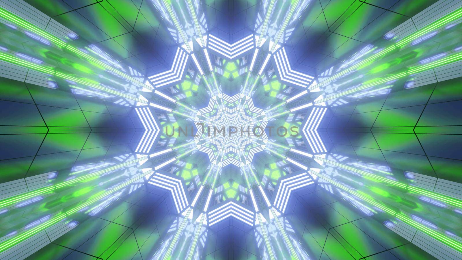 Glowing neon 3d illustration abstract background design with in green and blue tones with geometric flowers shaped kaleidoscopic pattern and visual perspective effect