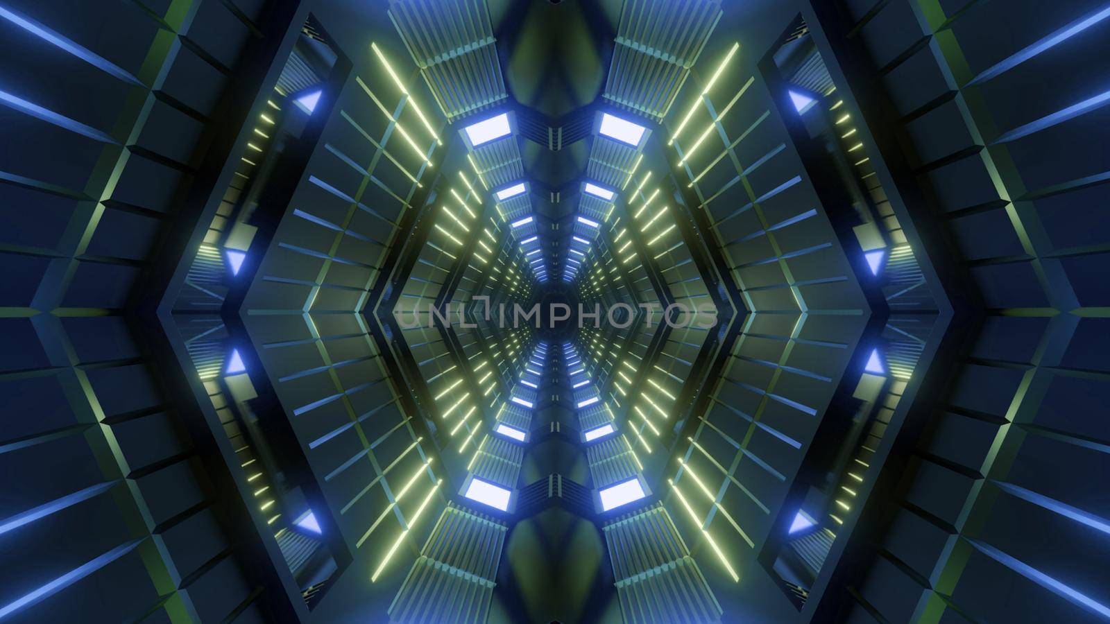 Kaleidoscopic 3D illustration of abstract background with tunnel illuminated with yellow and blue panels