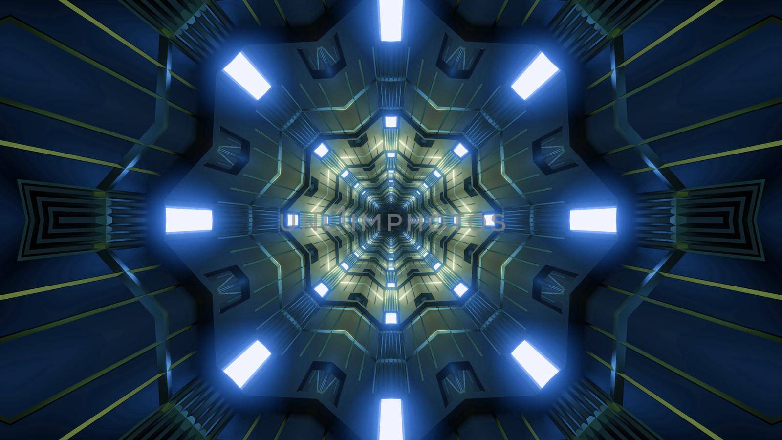 Kaleidoscopic 3D illustration of vivid blue lamps illuminating abstract dark tunnel with yellow ornament